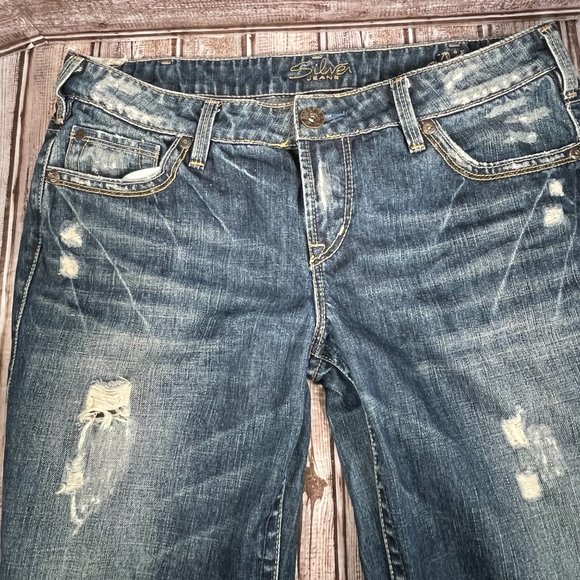 SILVER JEANS AIKO Women's 31 x 33 Flare Medium Blue Denim Jeans Distressed EUC - Picture 6 of 9